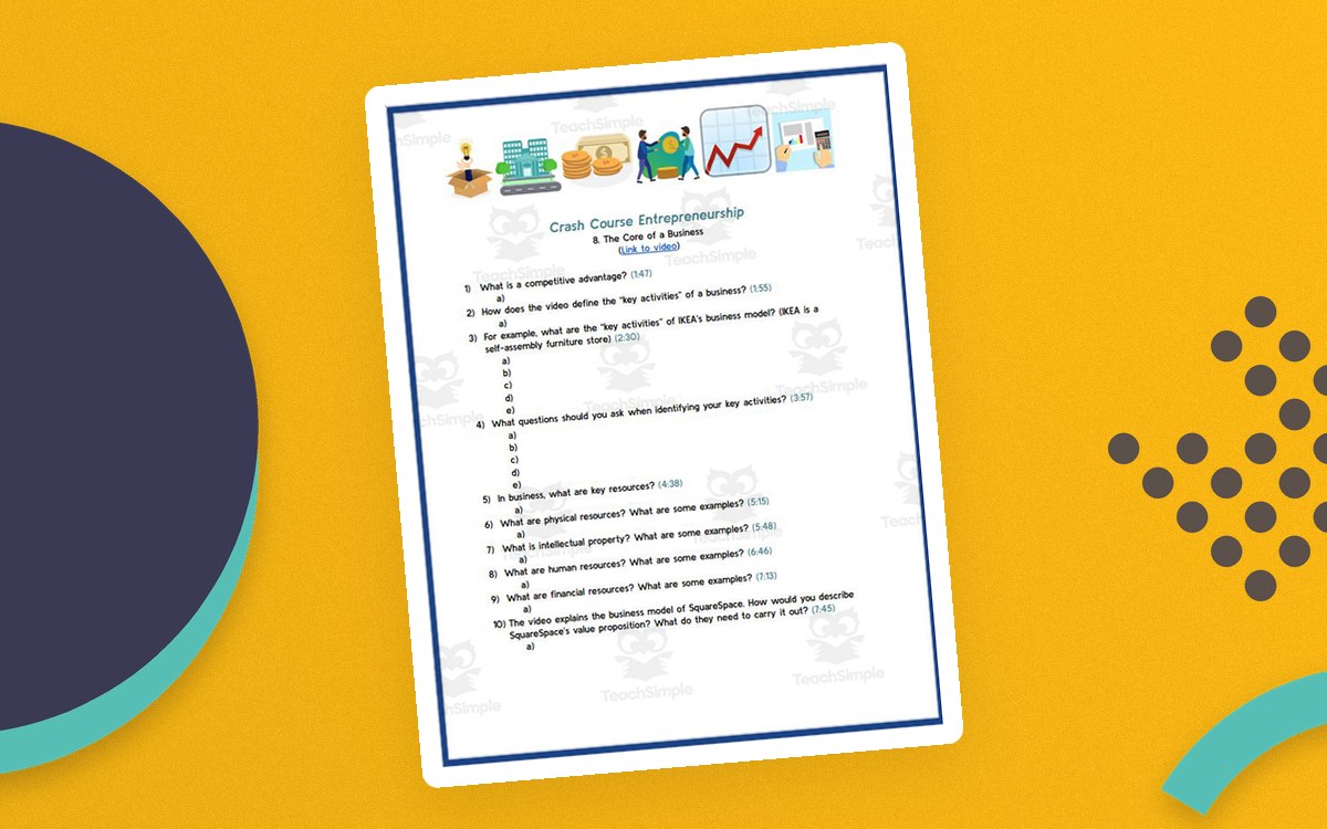 Crash Course Entrepreneurship Core of a Business worksheet with ten numbered questions and small business-themed icons.