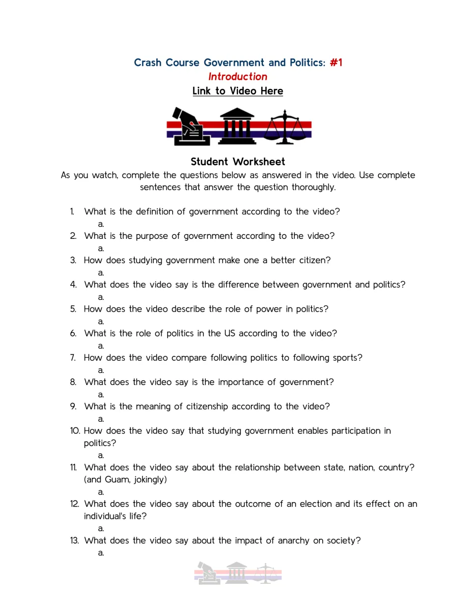 Government and politics intro video guide: students answer 13 questions on power, citizenship, anarchy and elections