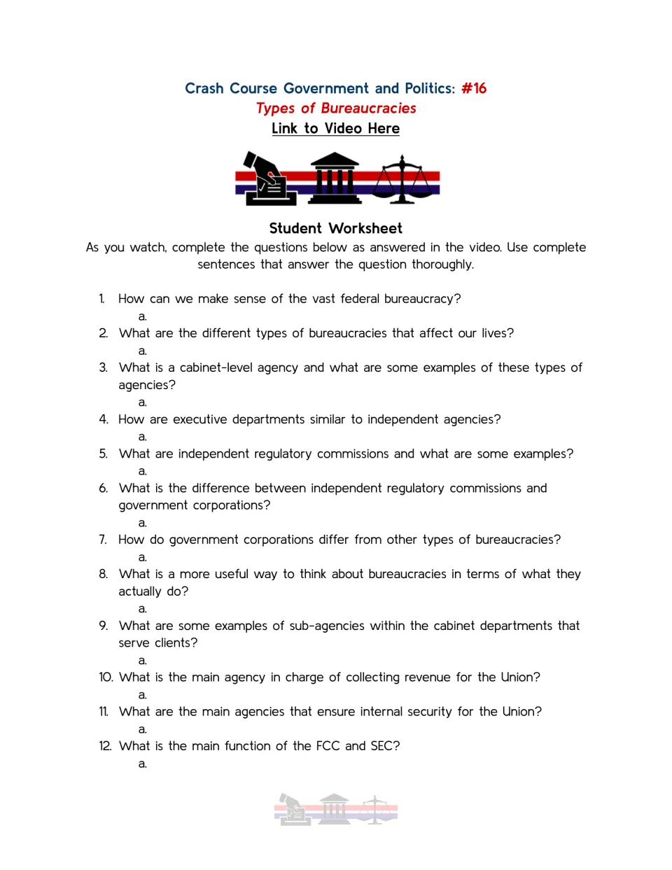 Student worksheet, questions 1–12: bureaucracy types, cabinet agencies, corporations, revenue, and security.