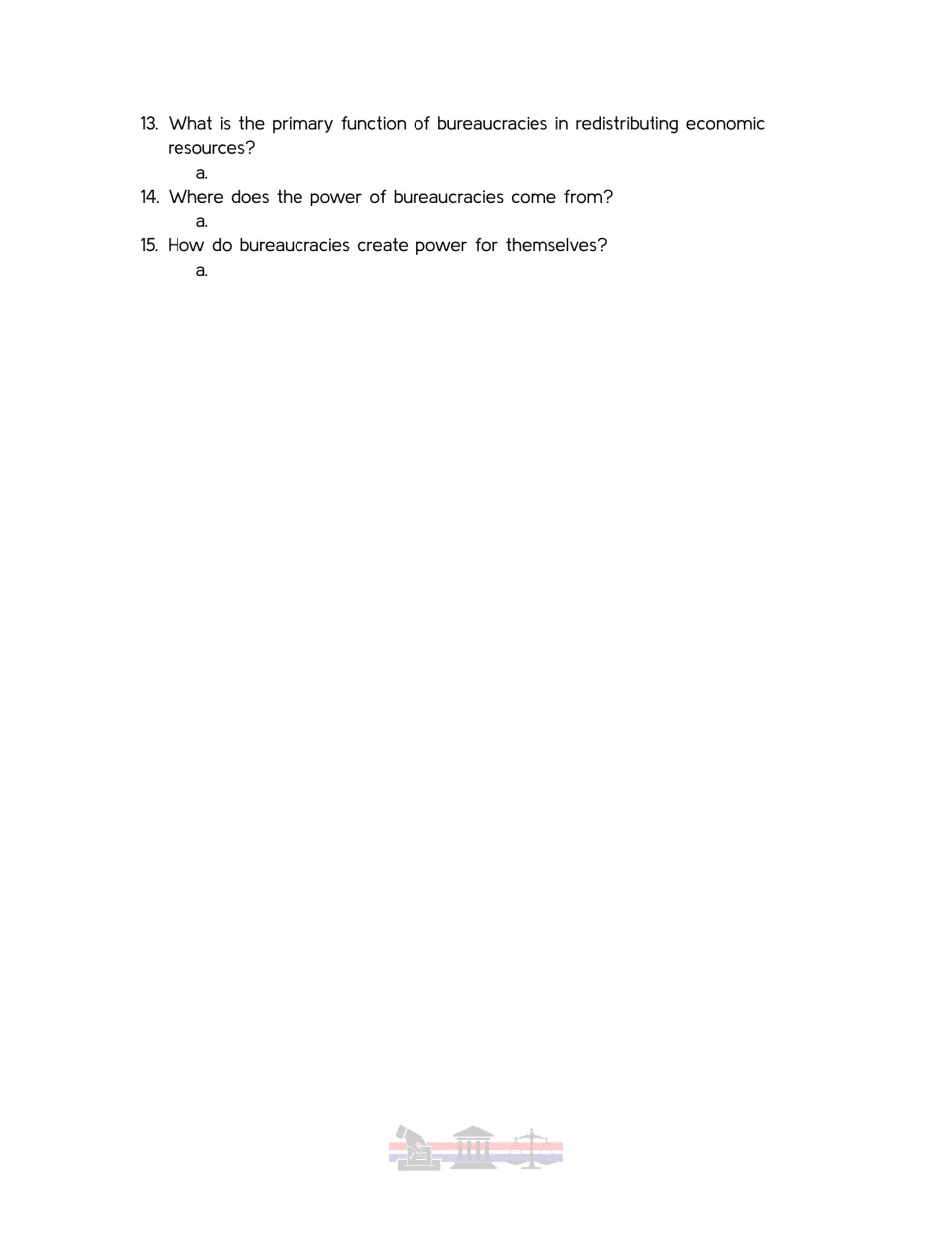 Student worksheet, questions 13–15: redistributing economic resources and sources of bureaucratic power.