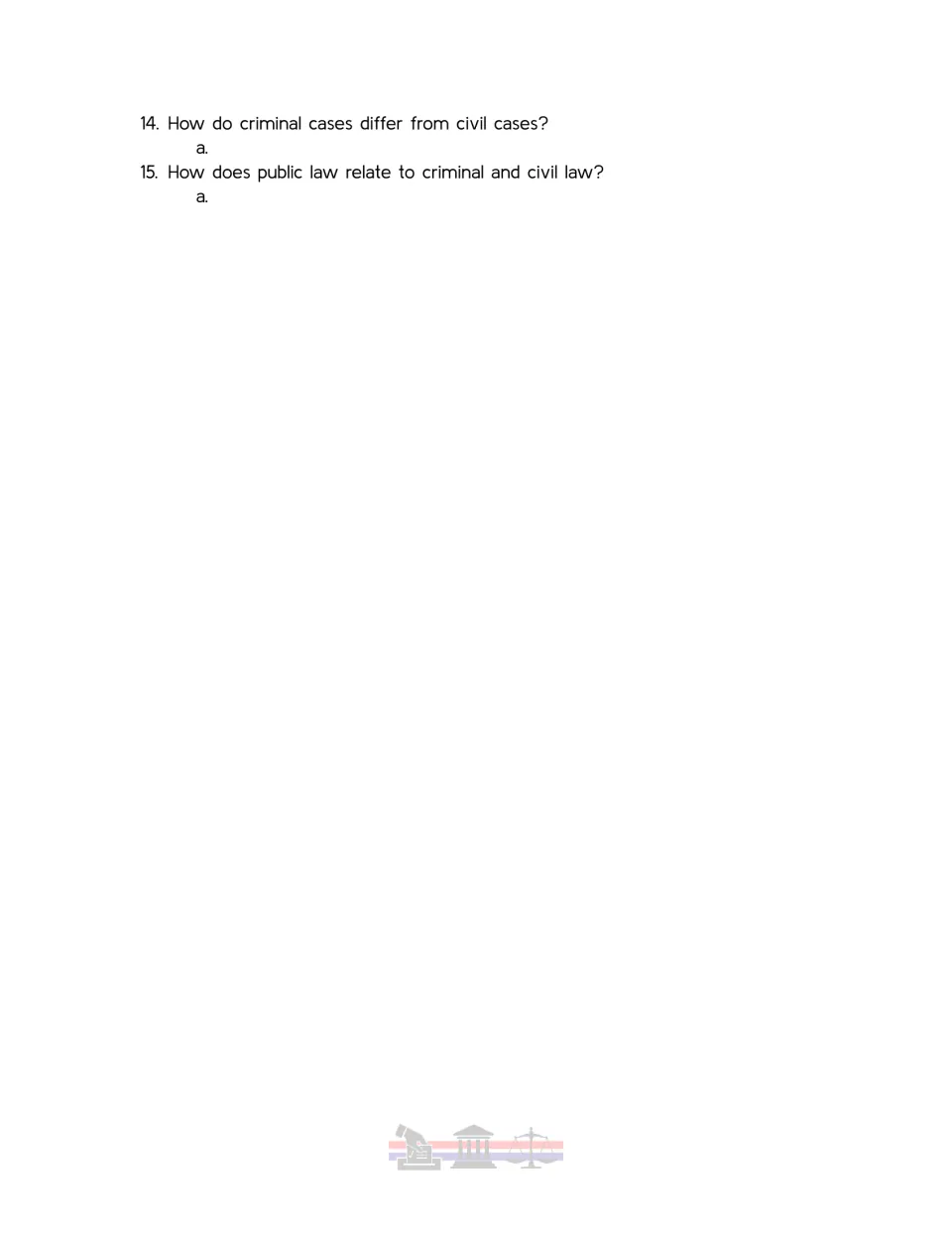 Video worksheet questions 14–15 on how criminal and civil cases differ and how public law relates to both.