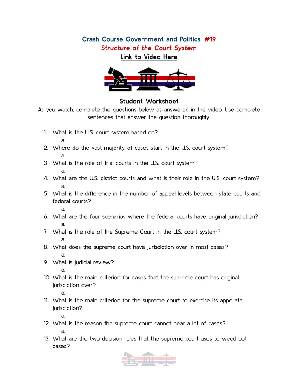 Video guide questions 1–13 on trial courts, district courts, jurisdiction, judicial review, and the Supreme Court.