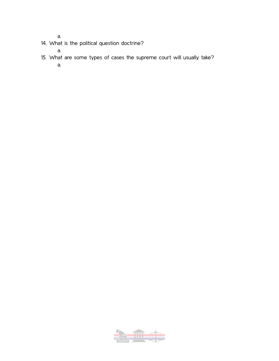 Video guide questions 14–15 on the political question doctrine and types of cases the Supreme Court takes.