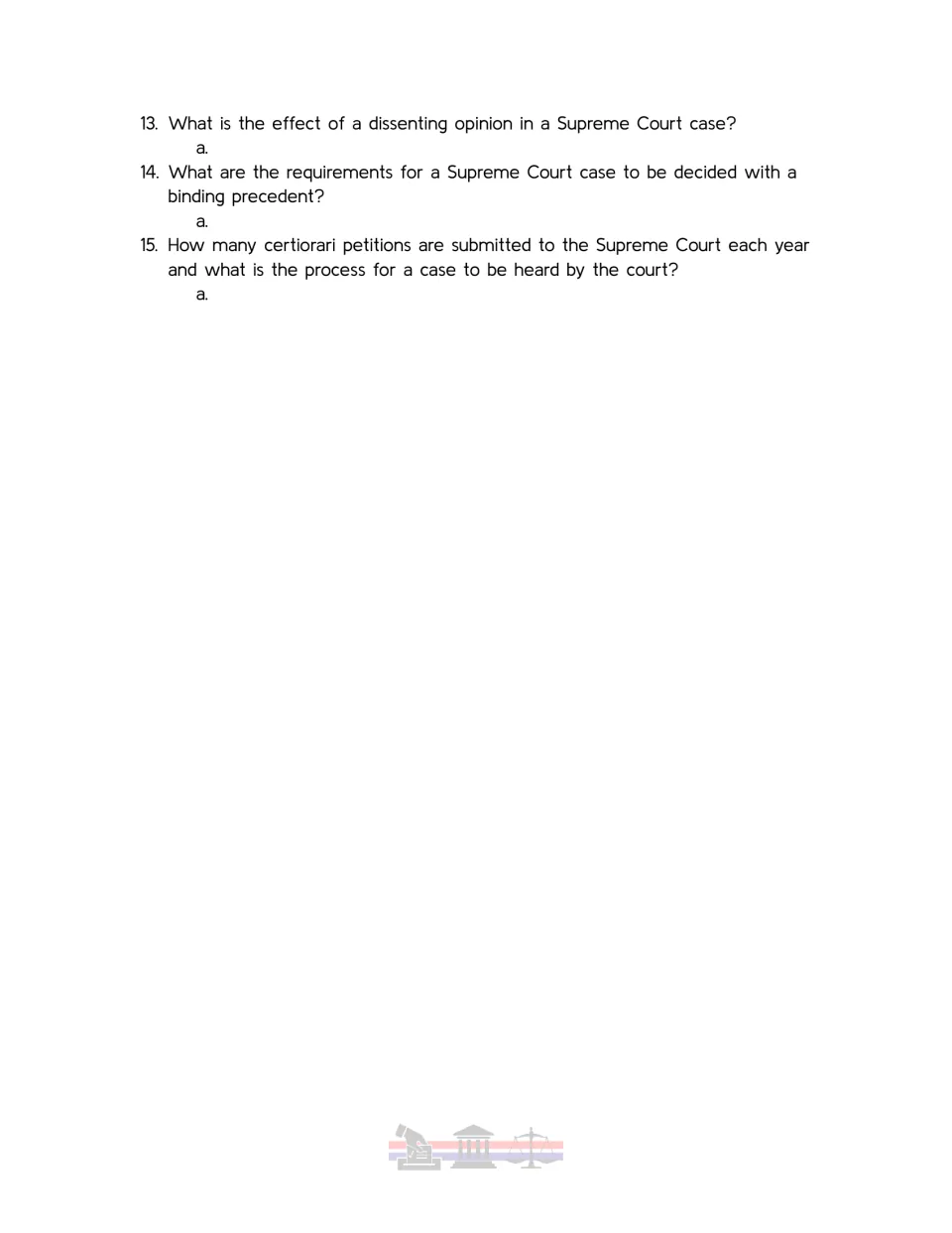 Video guide questions 13–15 on dissenting opinions, binding precedent, and annual certiorari petitions.