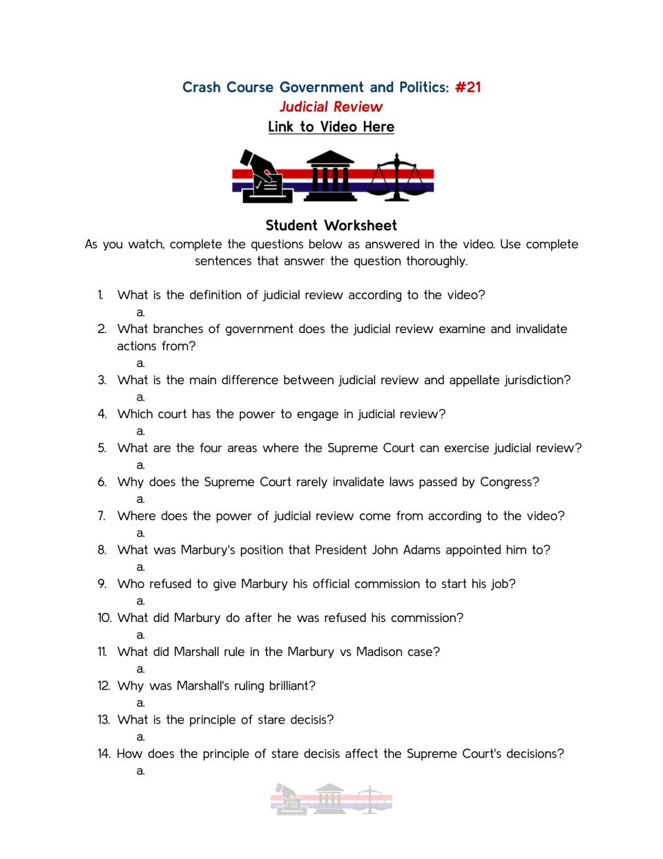 Judicial review video guide, questions 1–14 on court powers, Marbury v. Madison, and stare decisis.