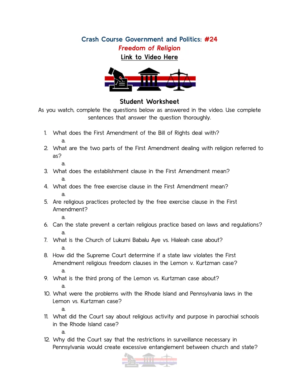 Video worksheet questions 1–12 on First Amendment religion clauses, religious practices, and court cases
