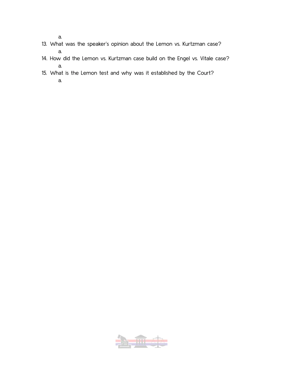 Video worksheet questions 13–15 on the speaker’s opinion, Engel v. Vitale, and the Lemon test