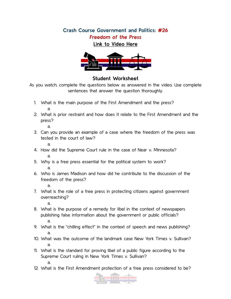 Video guide questions 1–12 on freedom of the press, prior restraint, libel, and New York Times v. Sullivan.