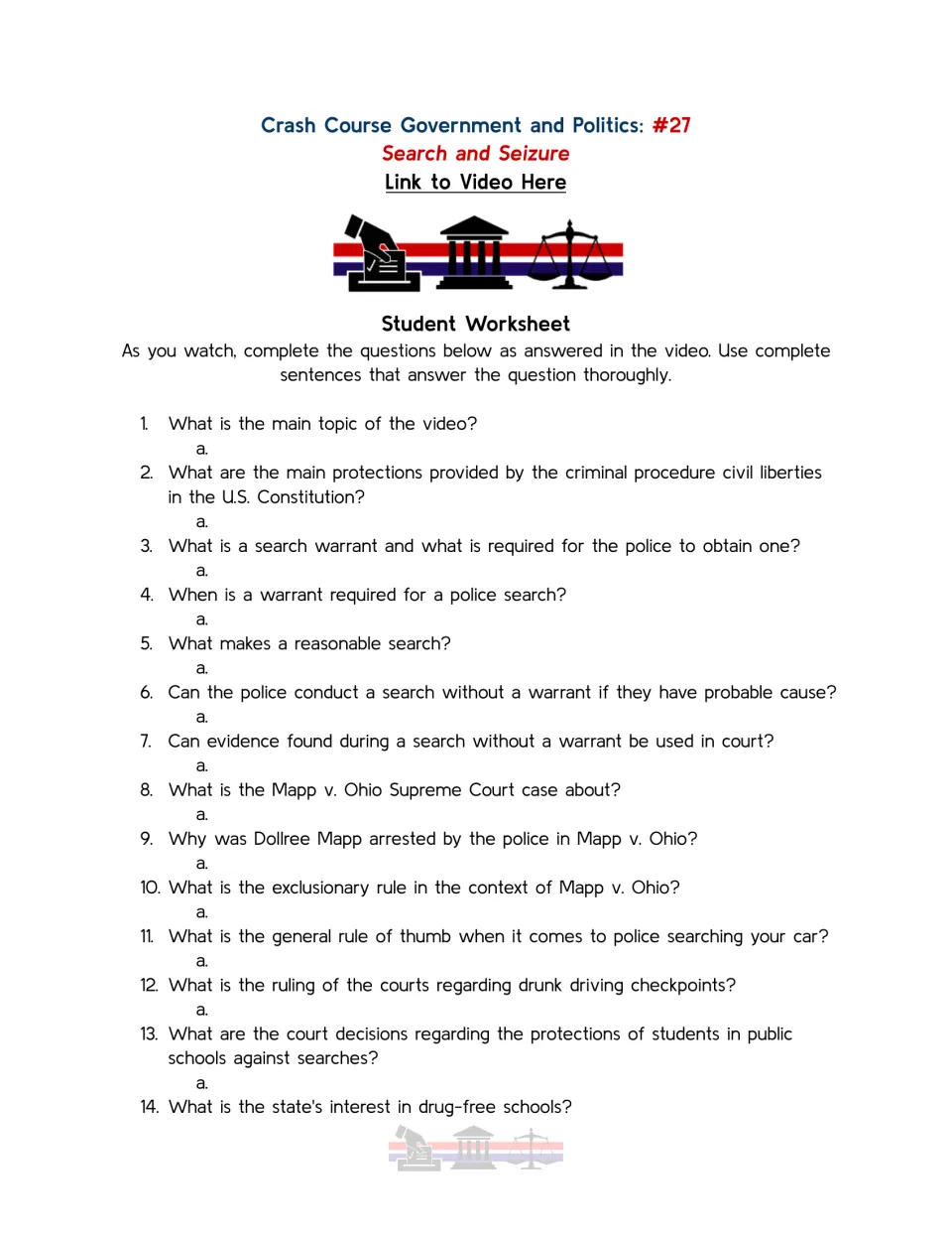 Video worksheet questions 1–14 on search warrants, probable cause, Mapp v. Ohio, and school searches