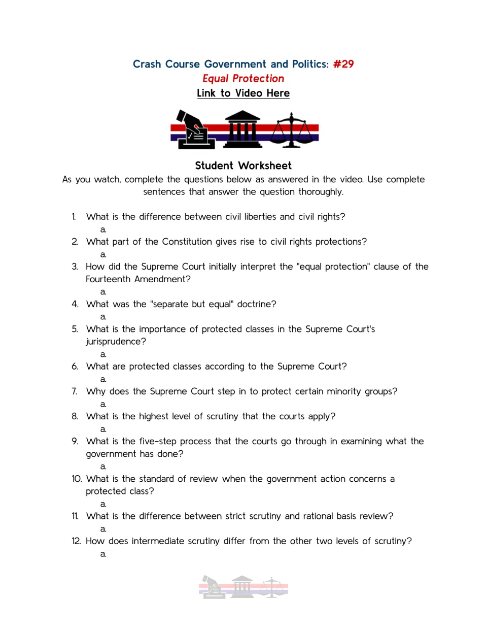 Student worksheet questions 1–12 on civil rights, equal protection, protected classes, and levels of scrutiny