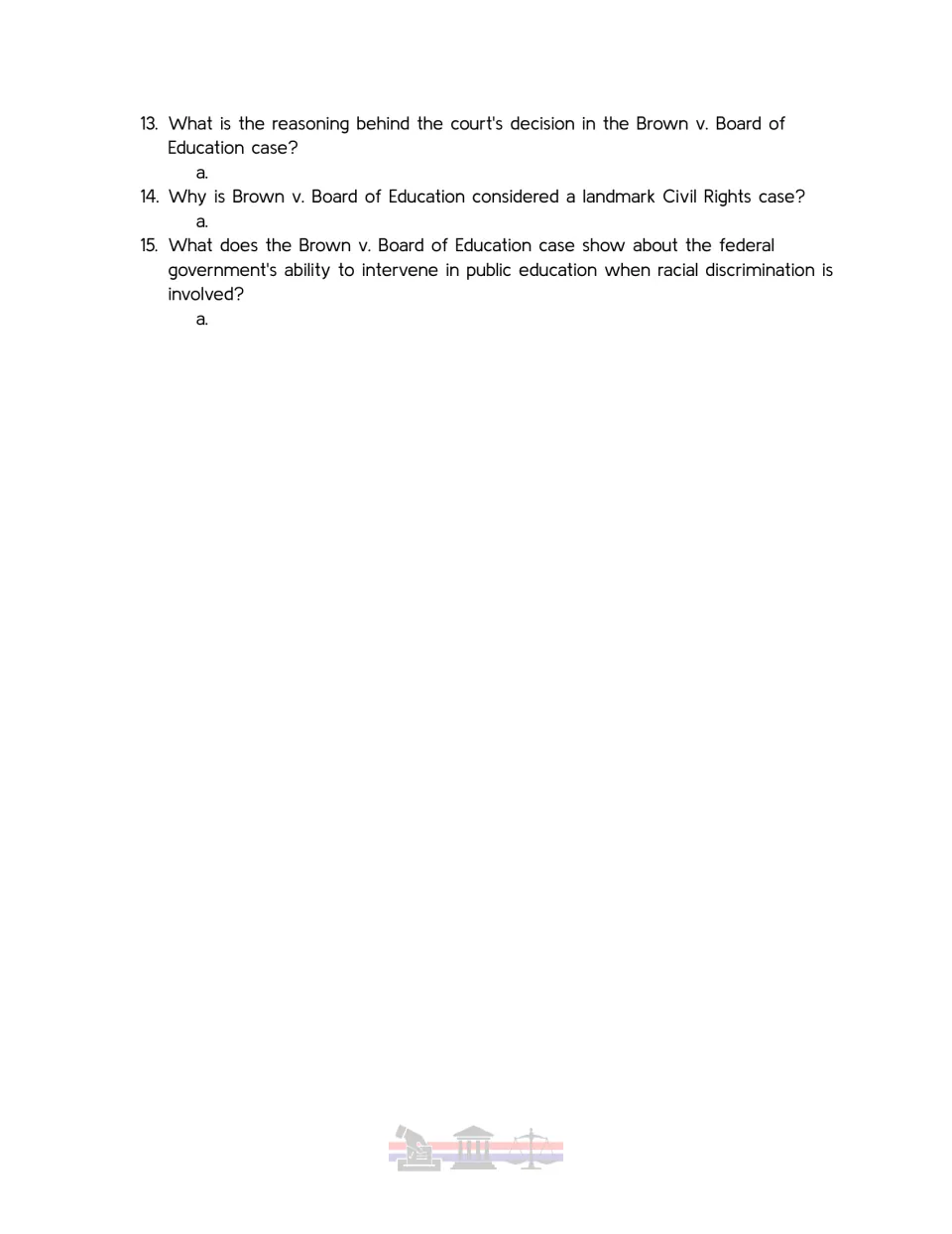 Student worksheet questions 13–15 on Brown v. Board of Education and federal intervention in public education