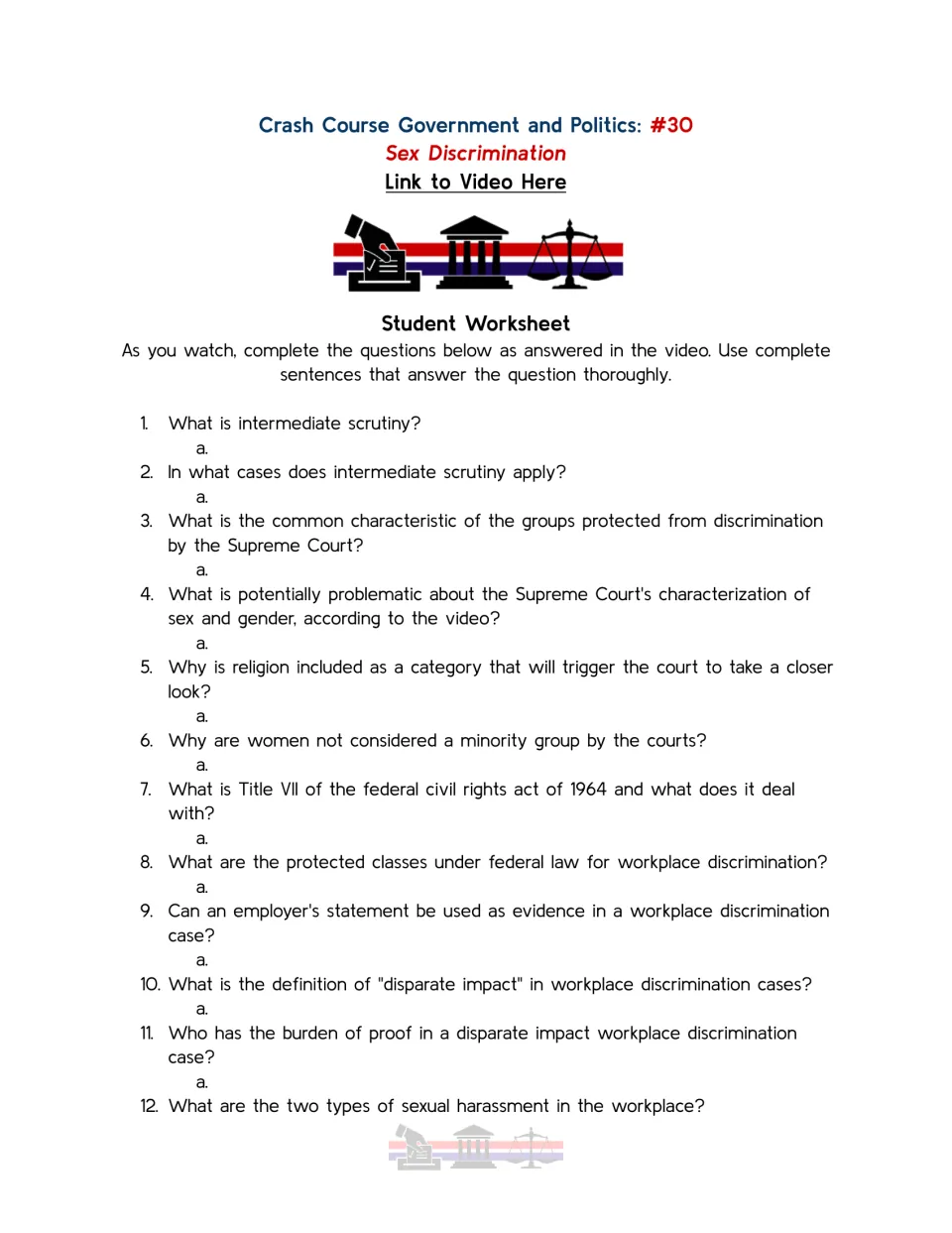 Student worksheet questions 1–12 on intermediate scrutiny, Title VII, workplace discrimination, and harassment.