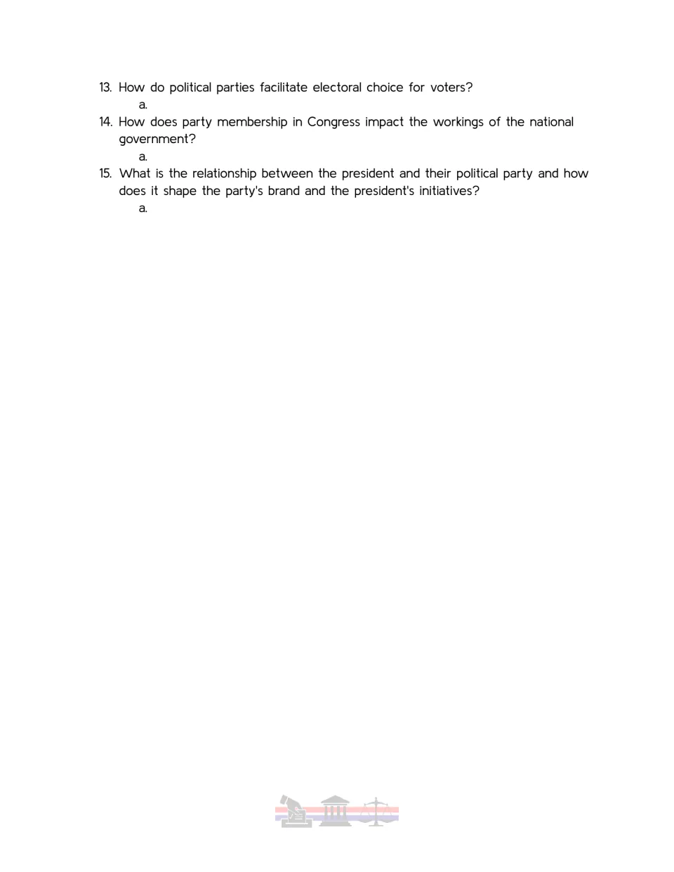 Political parties questions 13-15: students explain electoral choice, party impact in Congress and the president's role