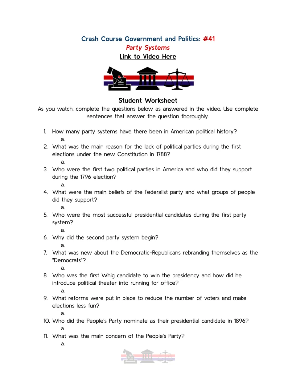 Party systems video worksheet, questions 1–11 on early U.S. parties, Whigs, election reforms, and Populists.