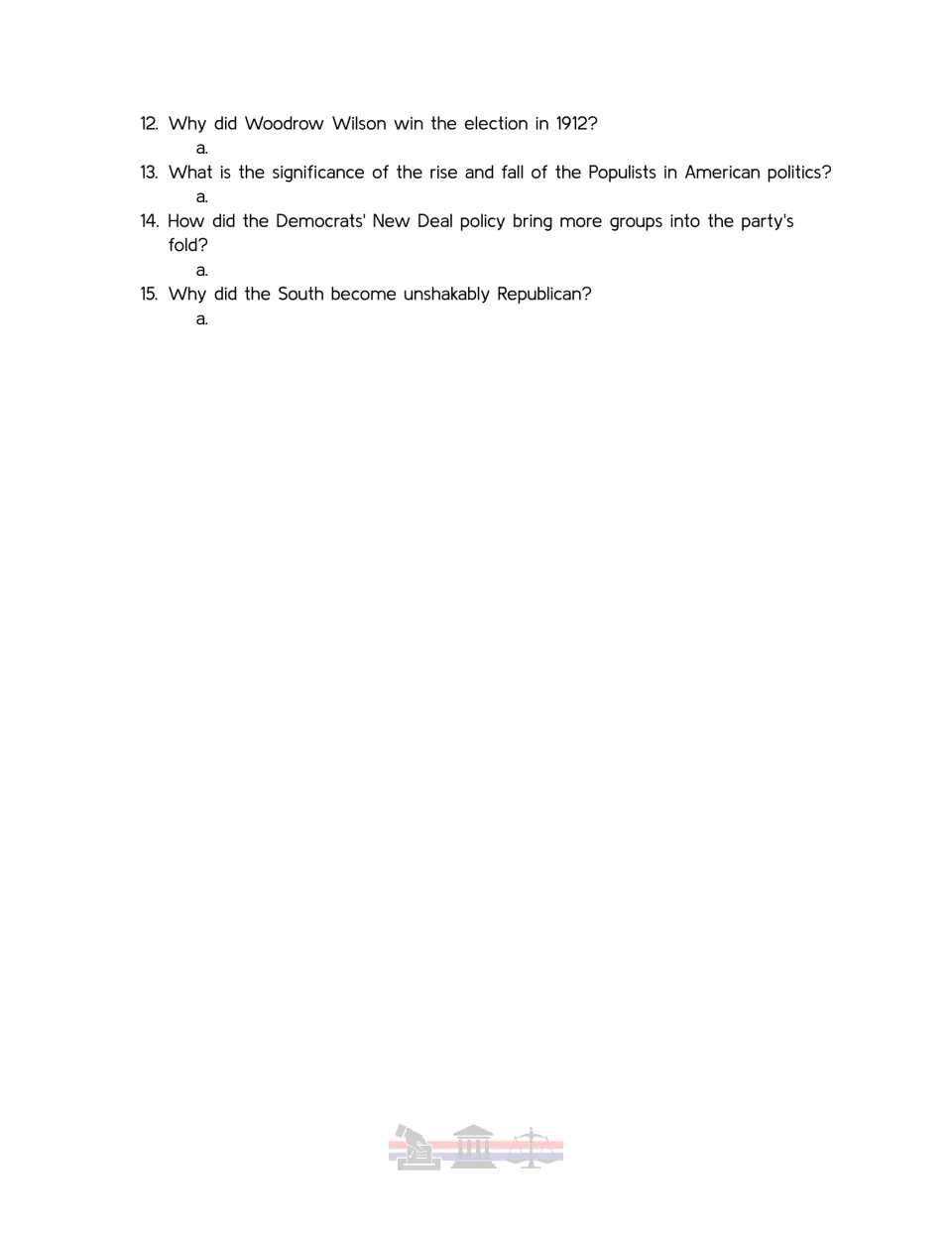 Party systems video worksheet, questions 12–15 on Wilson's 1912 win, Populists, the New Deal, and the South.
