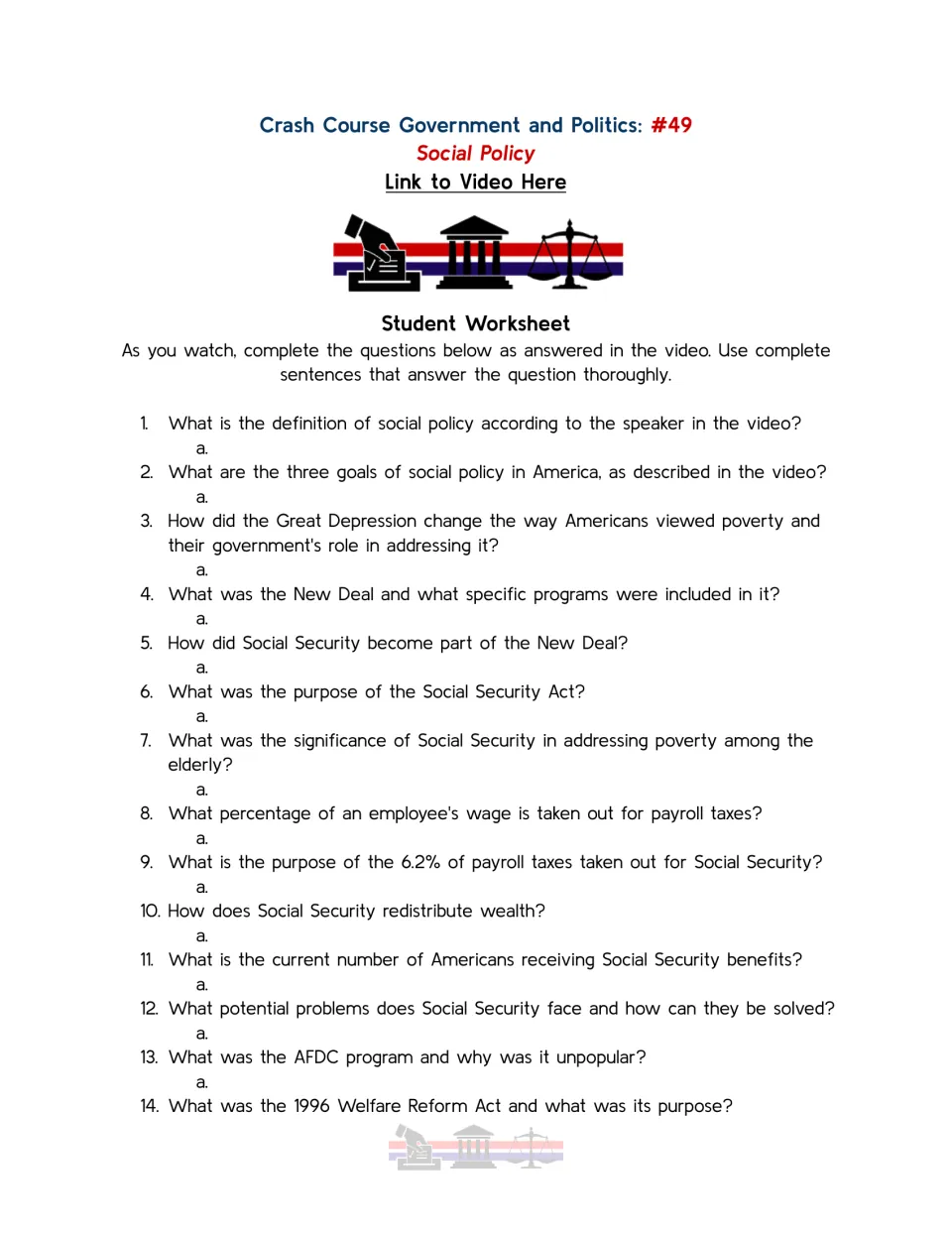 Video guide questions 1–14 on social policy, the Great Depression, Social Security, payroll taxes, and welfare