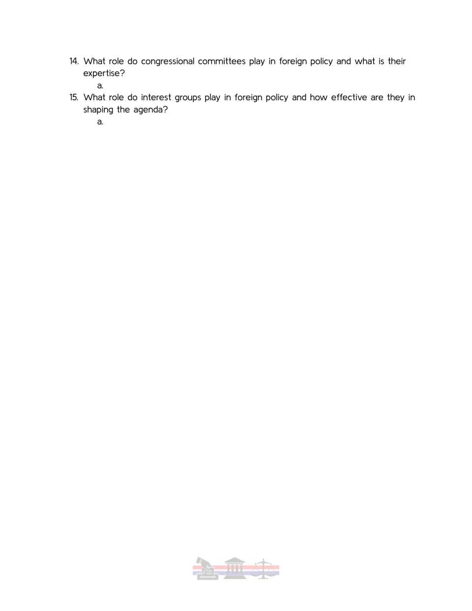 Video guide questions 14–15 on congressional committees' expertise and interest groups' foreign policy influence.