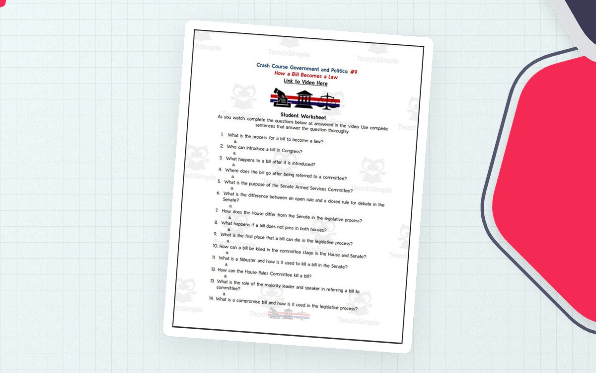 How a Bill Becomes a Law Crash Course worksheet with numbered comprehension questions.