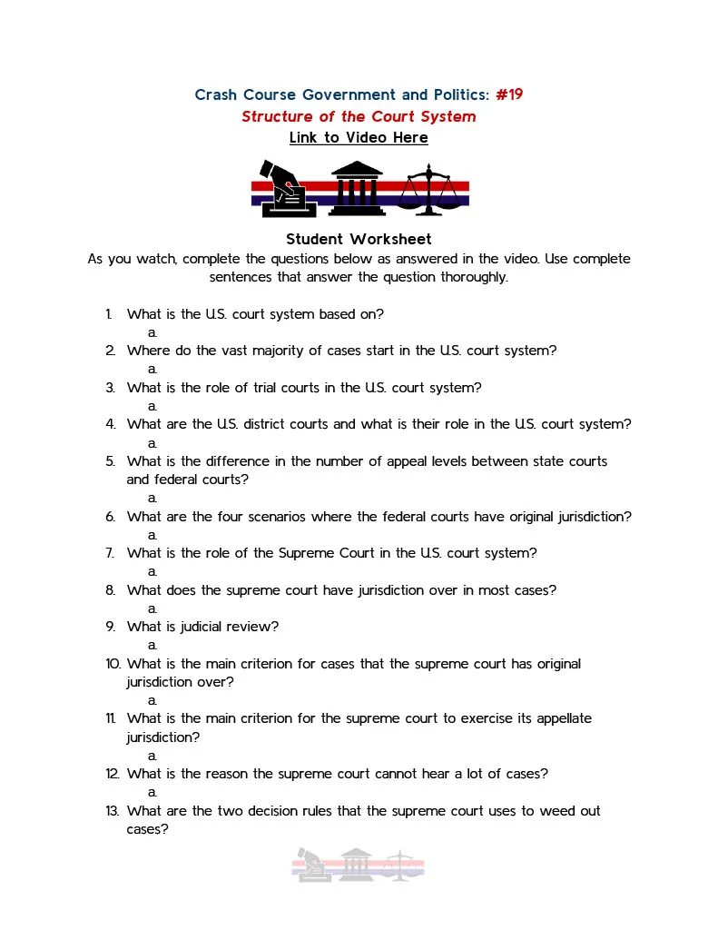 Crash Course Government Episode Worksheet | 19 - Structure of the Court System – cover