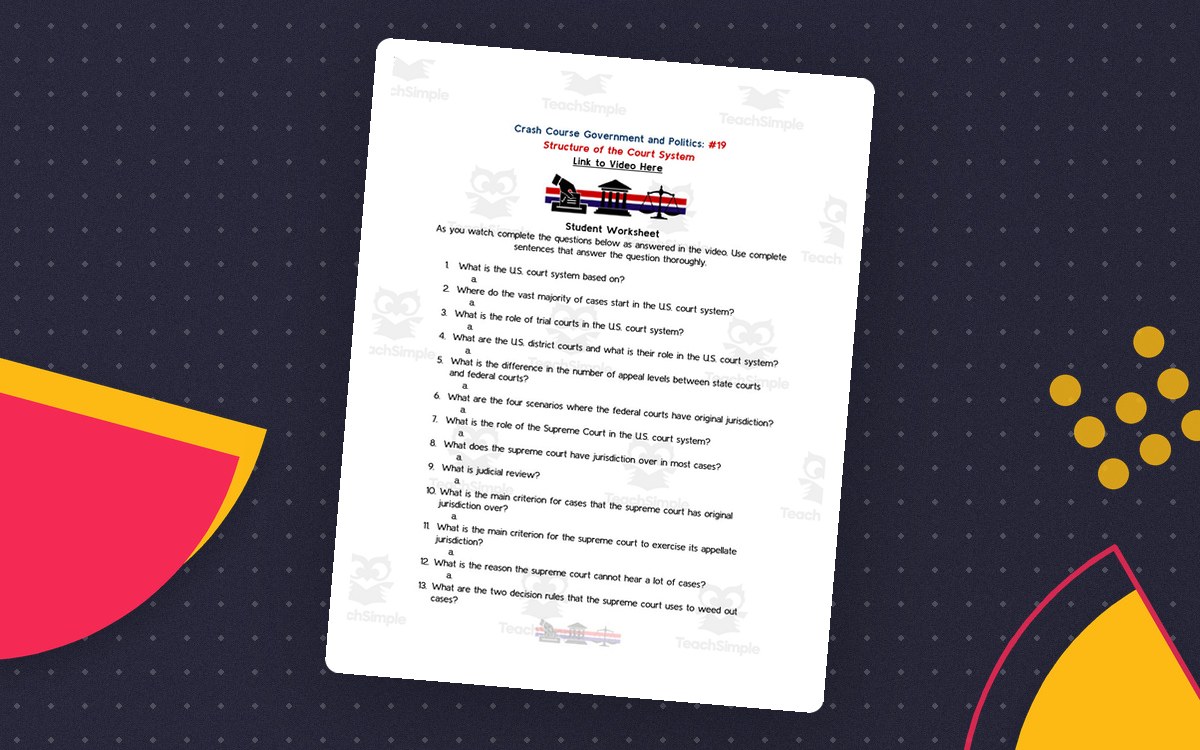 Crash Course Government and Politics worksheet titled Structure of the Court System with fifteen numbered questions.