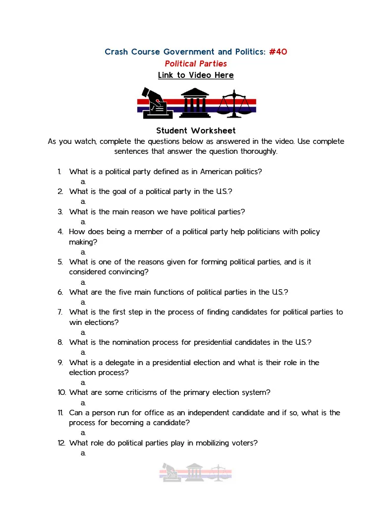 Crash Course Government Episode Worksheet | 40 - Political Parties – cover