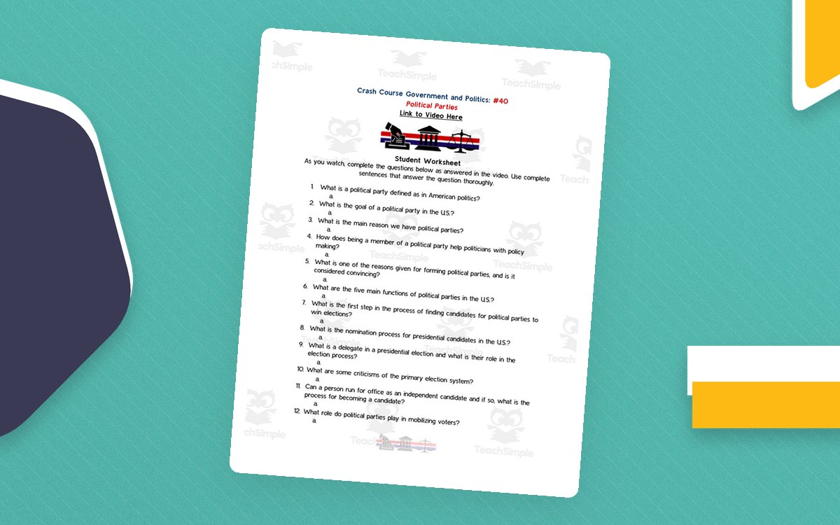 Crash Course Government Episode Worksheet | 40 - Political Parties cover with the resource title.
