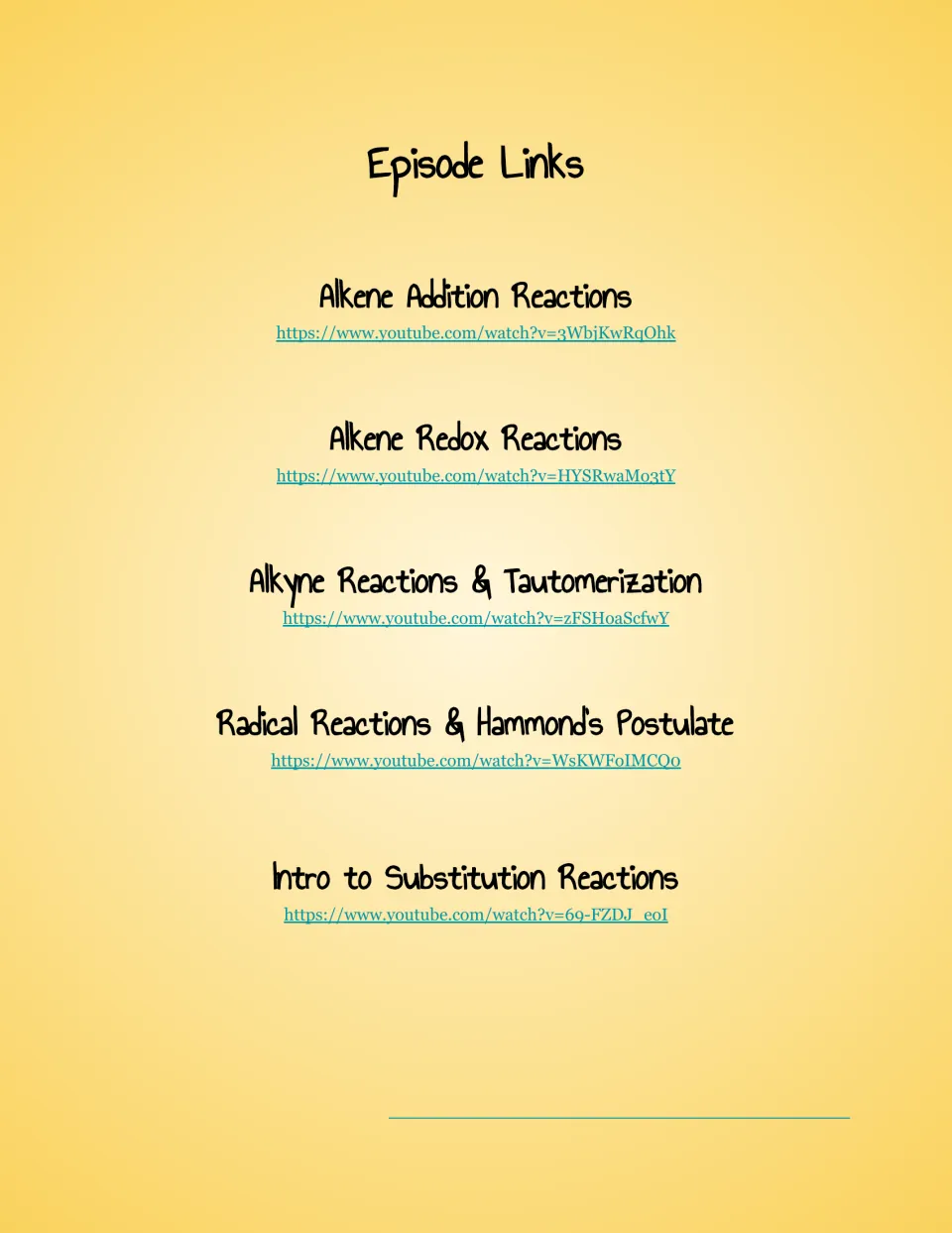 Episode links for five chemistry videos on alkene addition, alkene redox, and three more reaction topics