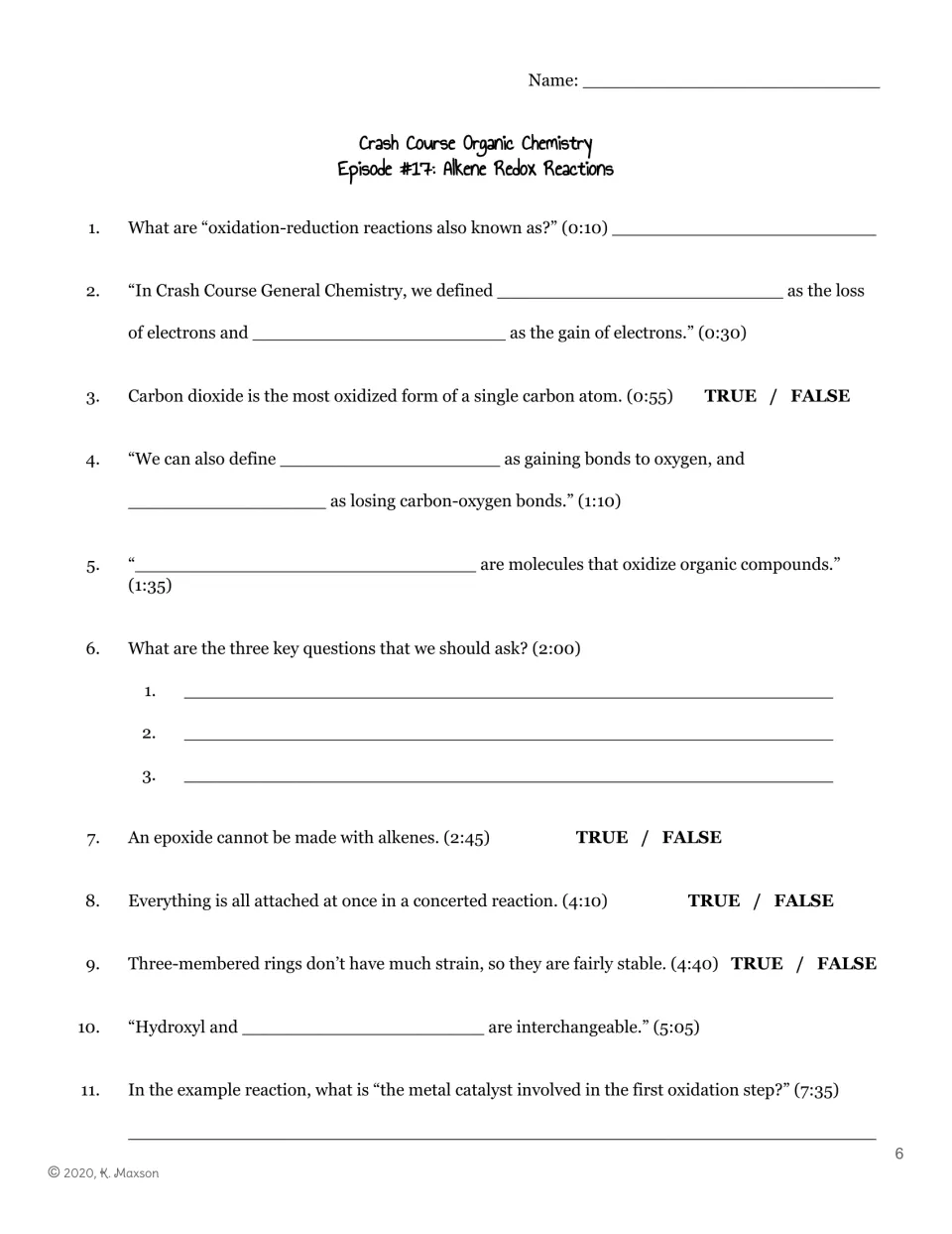 Episode 17 guide, questions 1–11: oxidation, reduction, epoxides, and concerted reactions, with timestamps