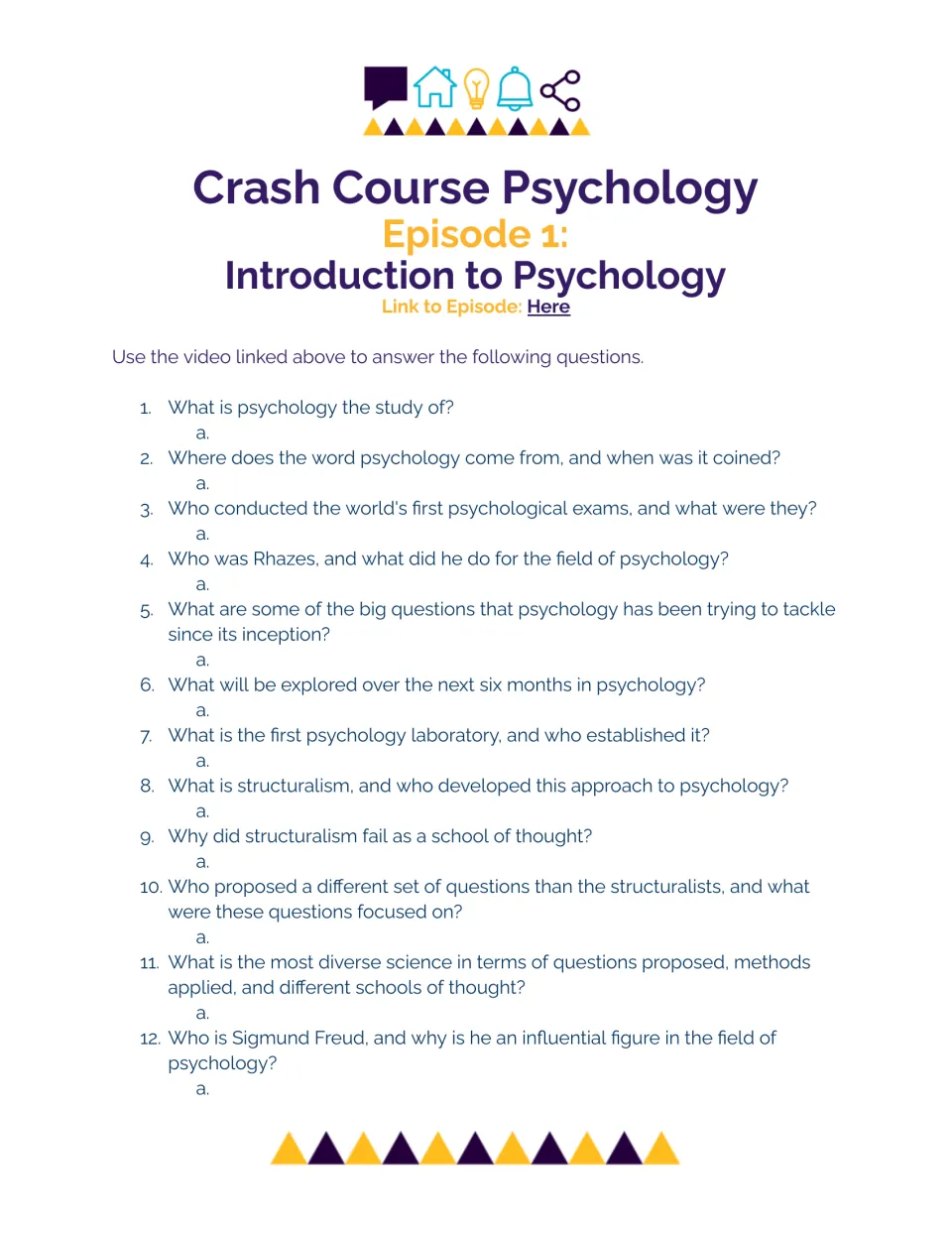 Psychology episode 1 video guide: students answer 12 questions on the field's origins, Rhazes, structuralism and Freud
