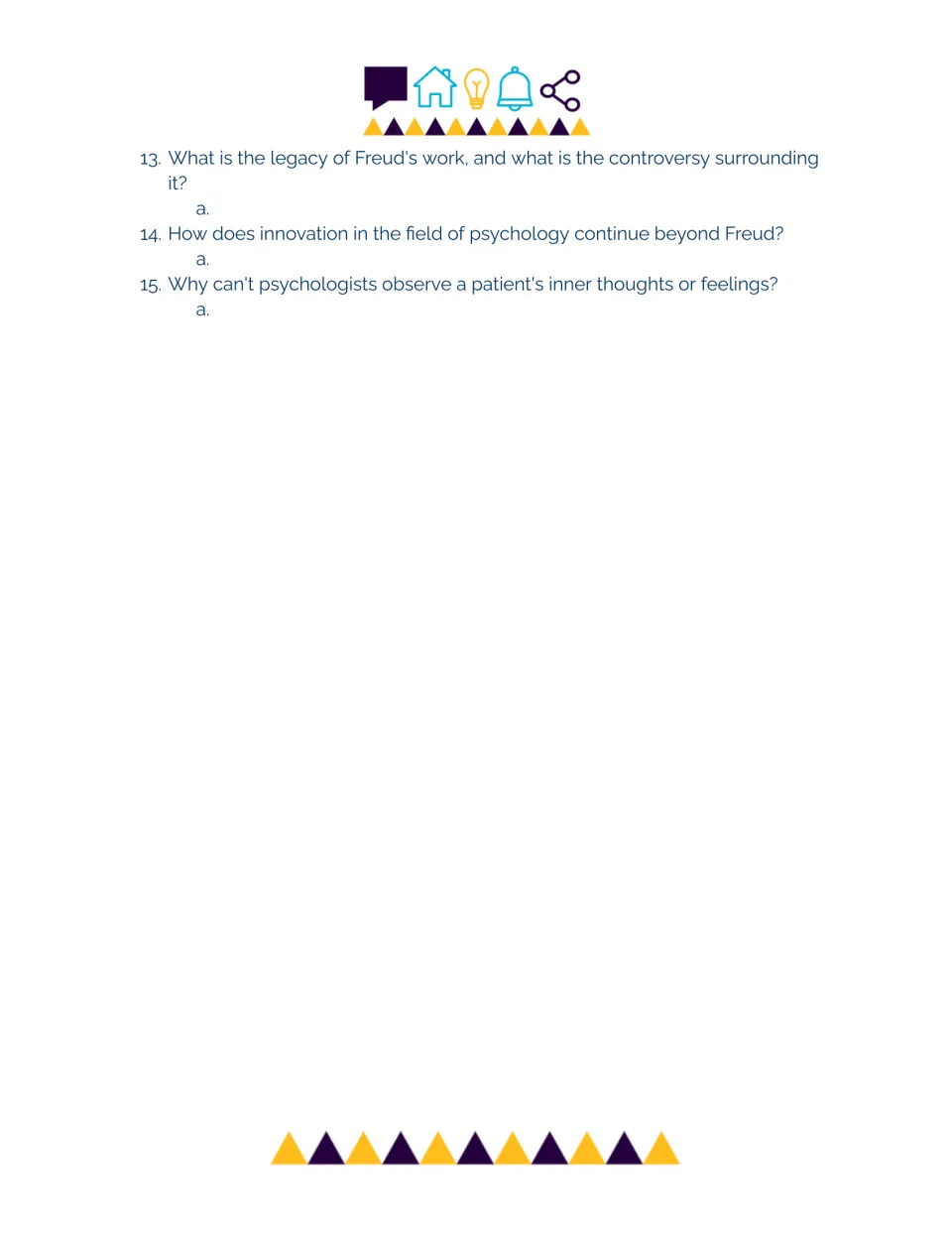 Video questions continued: students answer 3 items on Freud's legacy and controversy, later innovation and inner thoughts