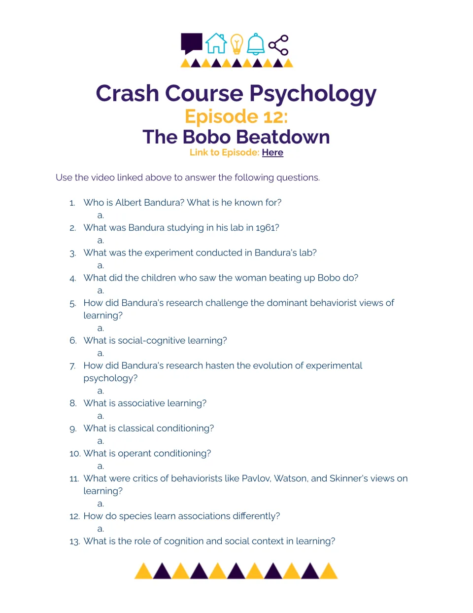 Bandura's Bobo experiment video guide: students answer 13 questions on social-cognitive learning and conditioning