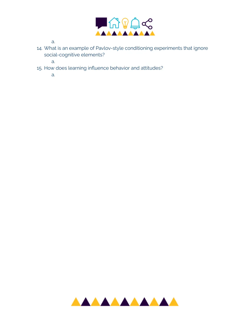 Learning and behavior questions 14-15: students give a Pavlov-style conditioning example and explain effects on attitudes