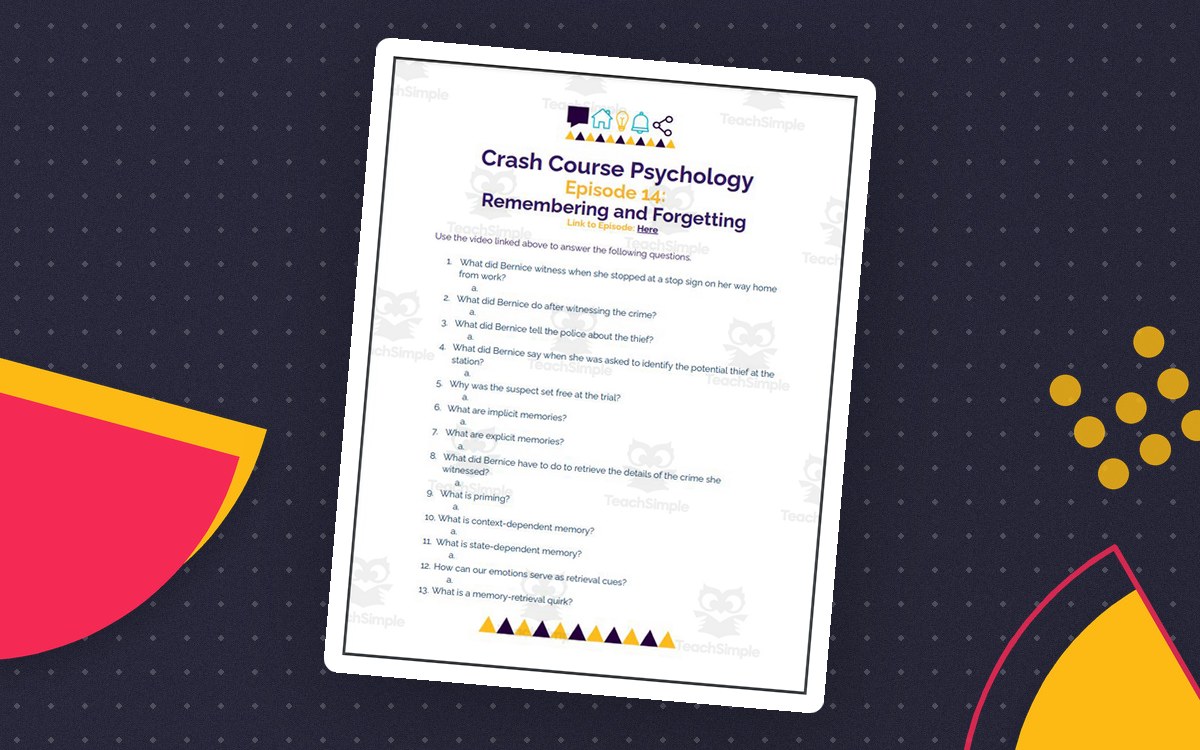 Crash Course Psychology Episode 14 student worksheet headed Remembering and Forgetting with fifteen numbered questions.