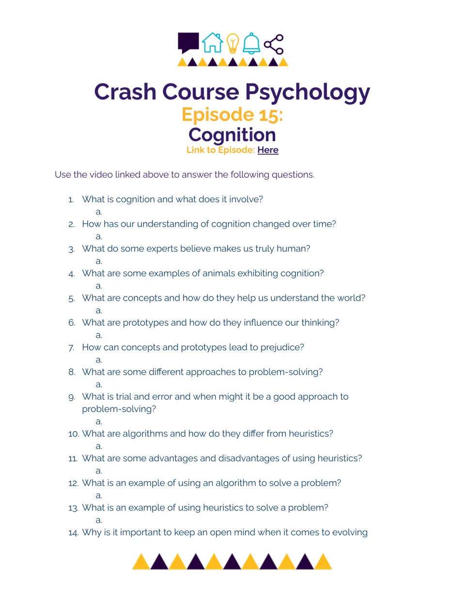 Cognition video questions: students answer 14 prompts on concepts, prototypes, algorithms, heuristics and problem-solving