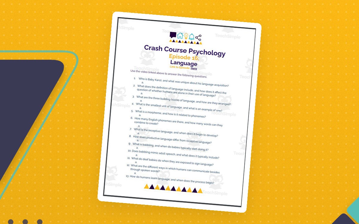 Crash Course Psychology Episode 16: Language worksheet page with fifteen numbered questions.