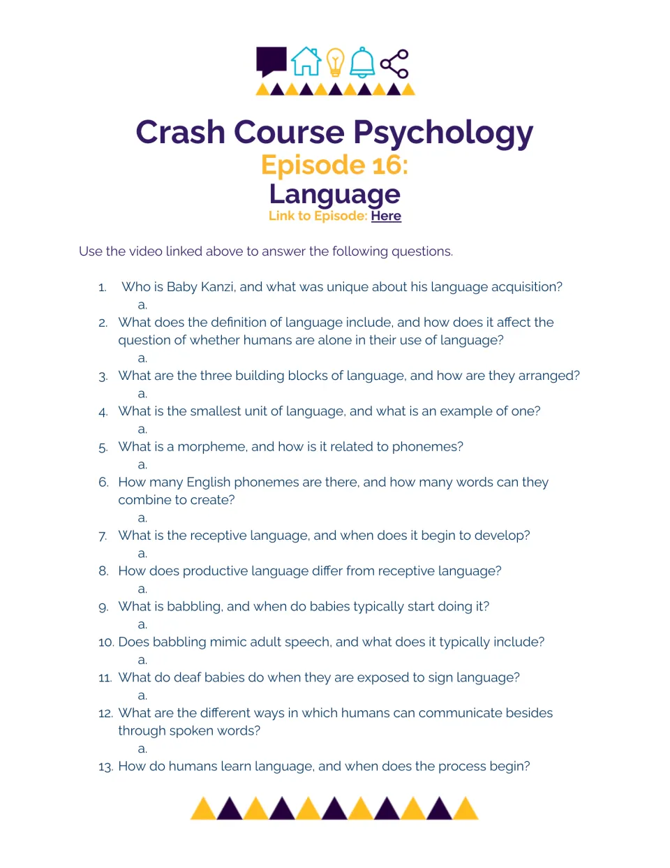 Language video guide: students answer 13 questions on Baby Kanzi, phonemes, morphemes, babbling and receptive language