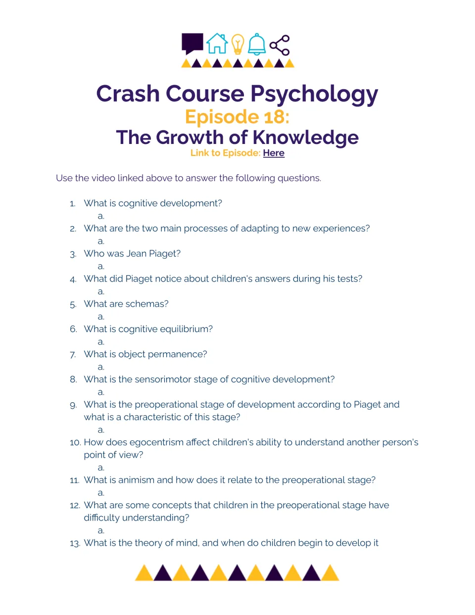 Cognitive development video guide: students answer 13 questions on Piaget, schemas, object permanence and egocentrism