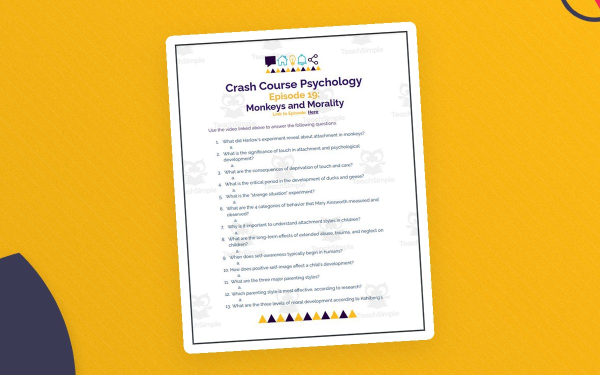 Crash Course Psychology Episode 19 worksheet headed Monkeys and Morality with fifteen numbered questions.