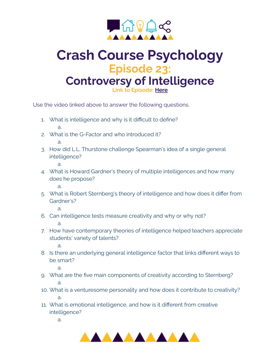 Episode 23 video questions: students answer 11 items on g factor, Gardner, Sternberg, creativity and emotional intelligence