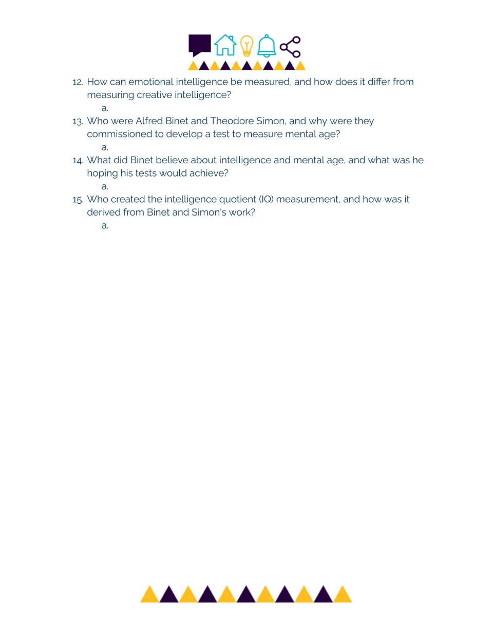 Intelligence testing questions 12-15: students explain measuring emotional intelligence, Binet and Simon, mental age and IQ