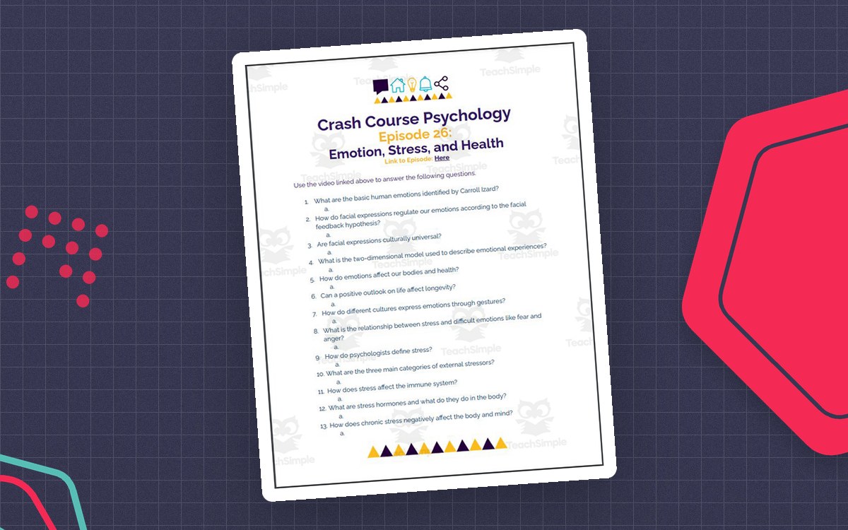 Crash Course Psychology #26: Emotion, Stress, and Health worksheet page with the activity title and student response area.