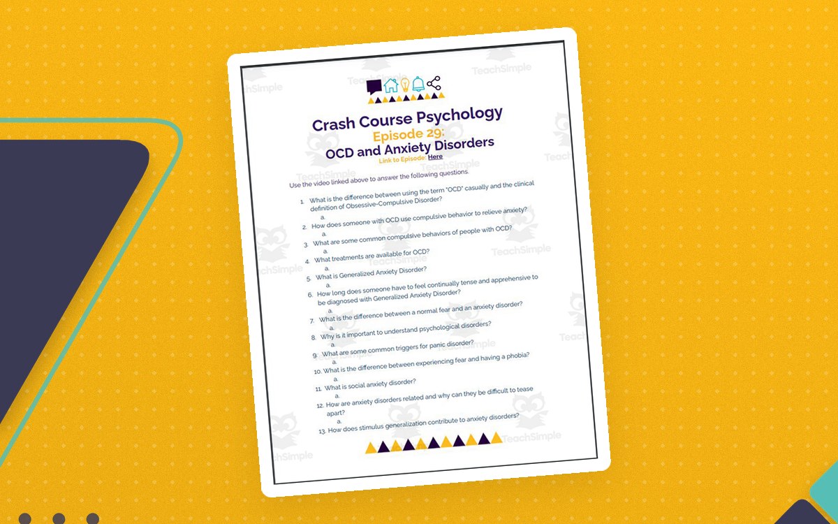 Crash Course Psychology Episode 29 worksheet headed OCD and Anxiety Disorders with fifteen numbered questions.