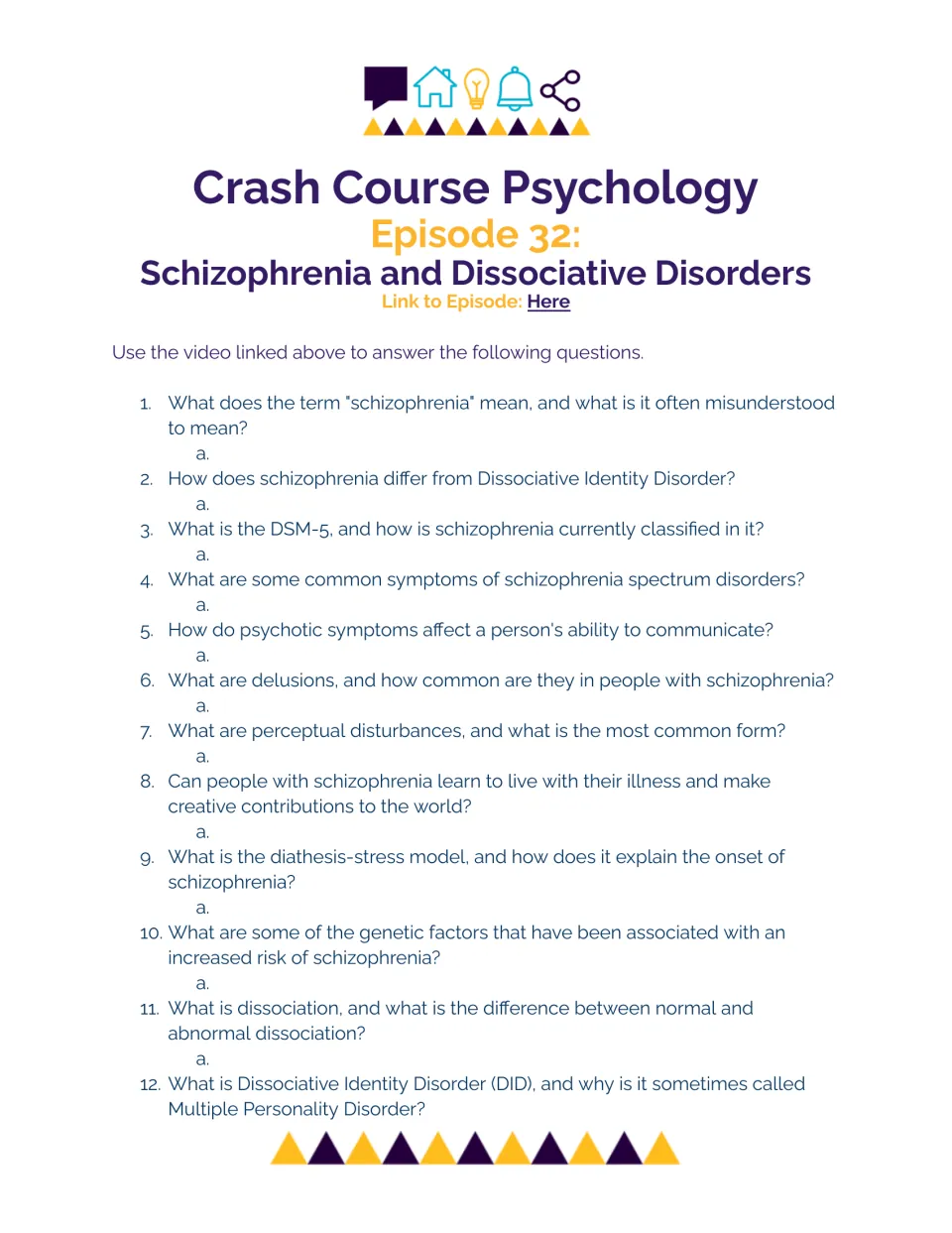 Schizophrenia video questions: students answer 12 items on symptoms, delusions, DSM-5, diathesis-stress model and DID