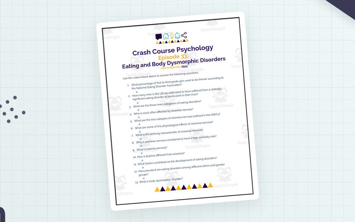 Crash Course Psychology Eating and Body Dysmorphic Disorders worksheet first page with episode title and numbered questions.
