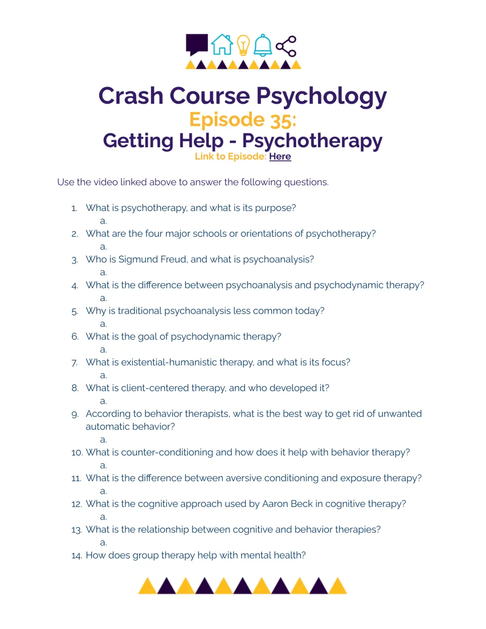 Psychotherapy video questions: students answer 14 items on Freud, psychodynamic, humanistic, behavior and cognitive therapy