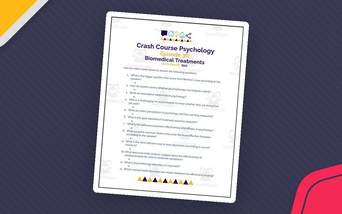 Crash Course Psychology Episode 36: Biomedical Treatments worksheet with fifteen questions.
