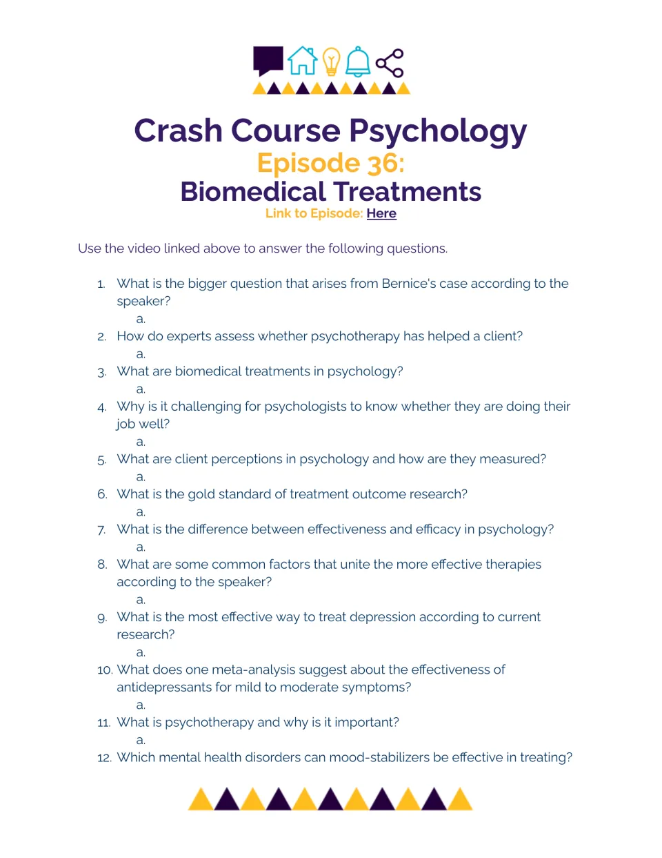 Biomedical treatments video guide: students answer 12 questions on therapy outcomes, antidepressants and mood stabilizers