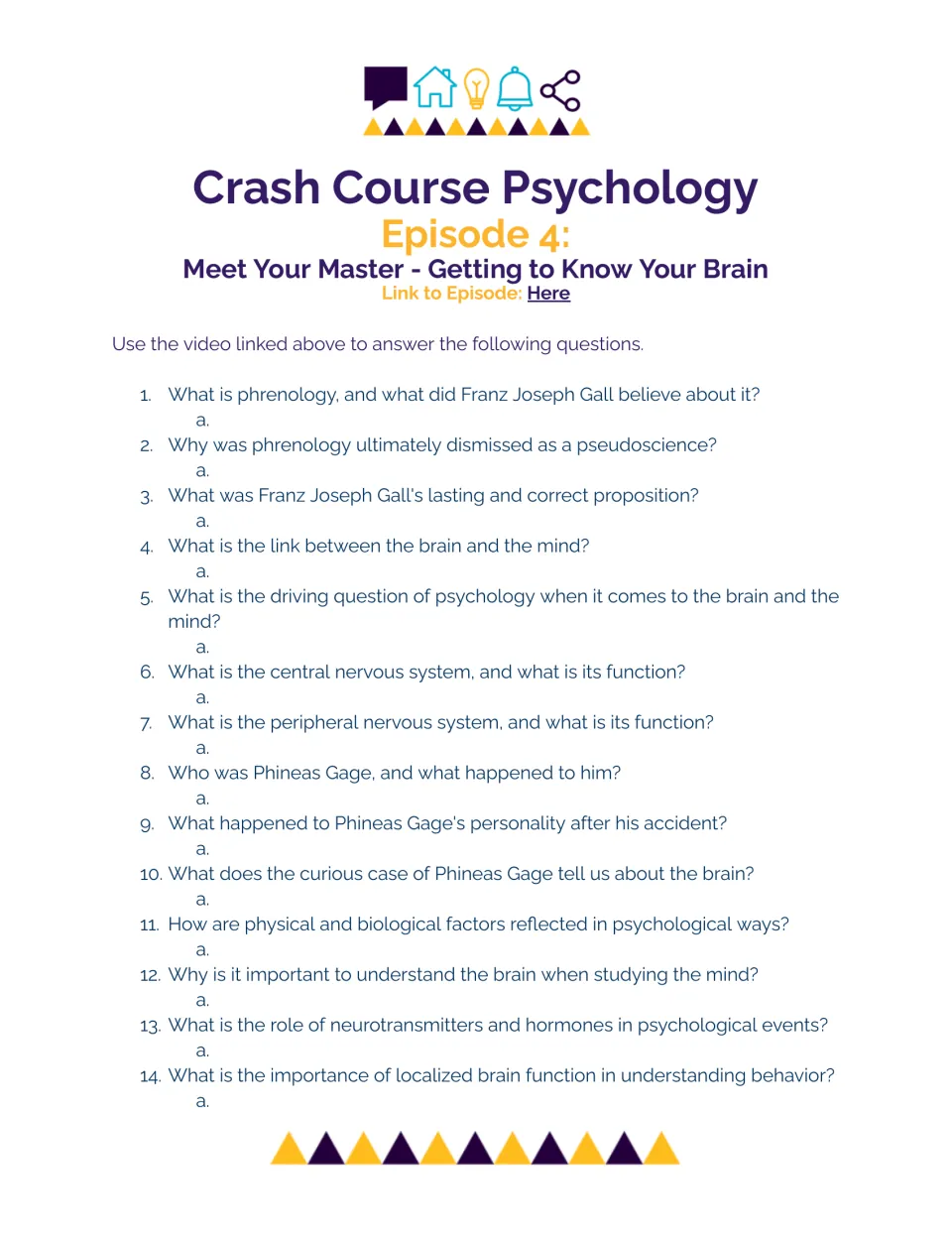 Brain and mind video questions: students answer 14 items on phrenology, Phineas Gage, nervous systems and neurotransmitters