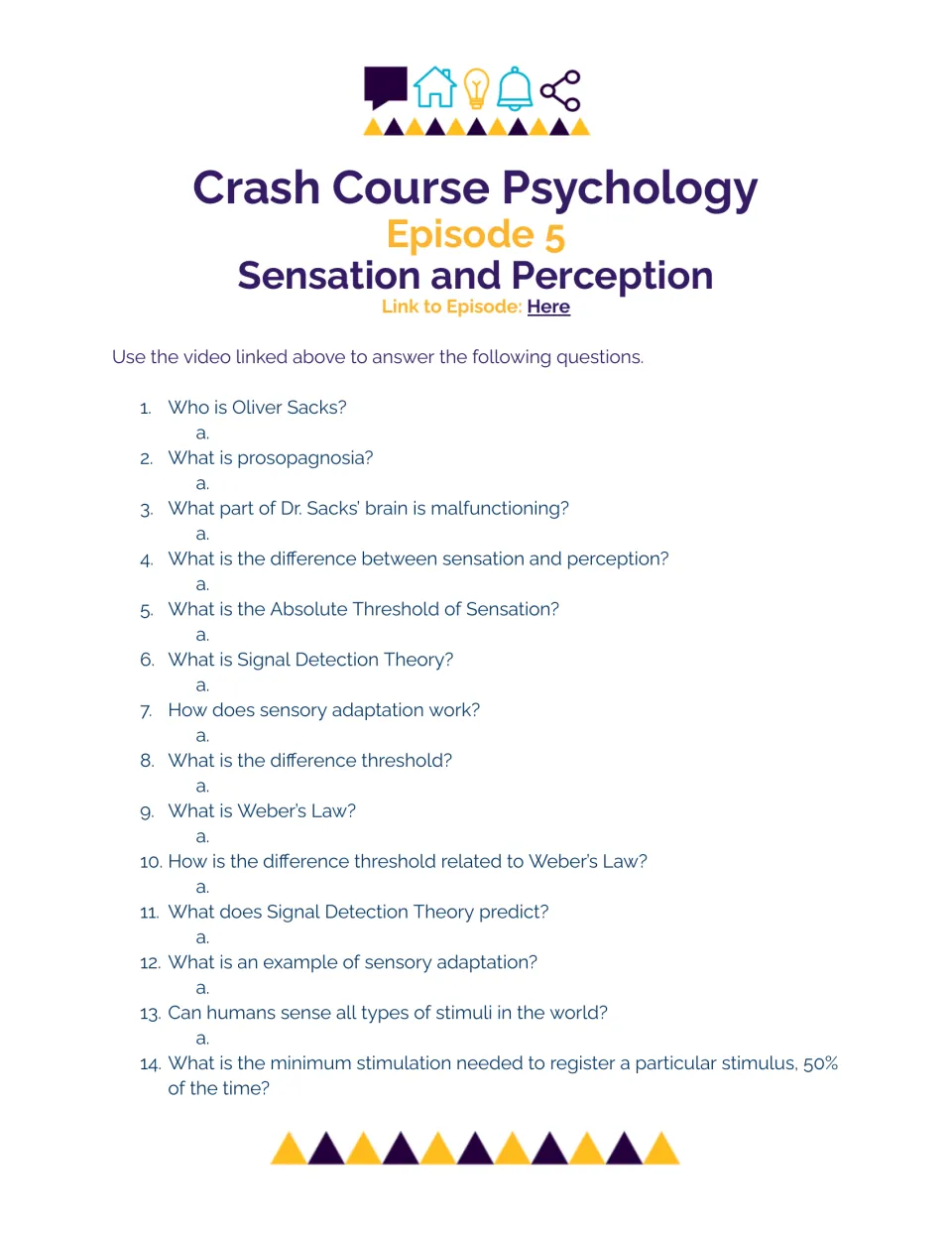 Sensation and perception video guide: students answer 14 questions on Oliver Sacks, thresholds and Weber's Law