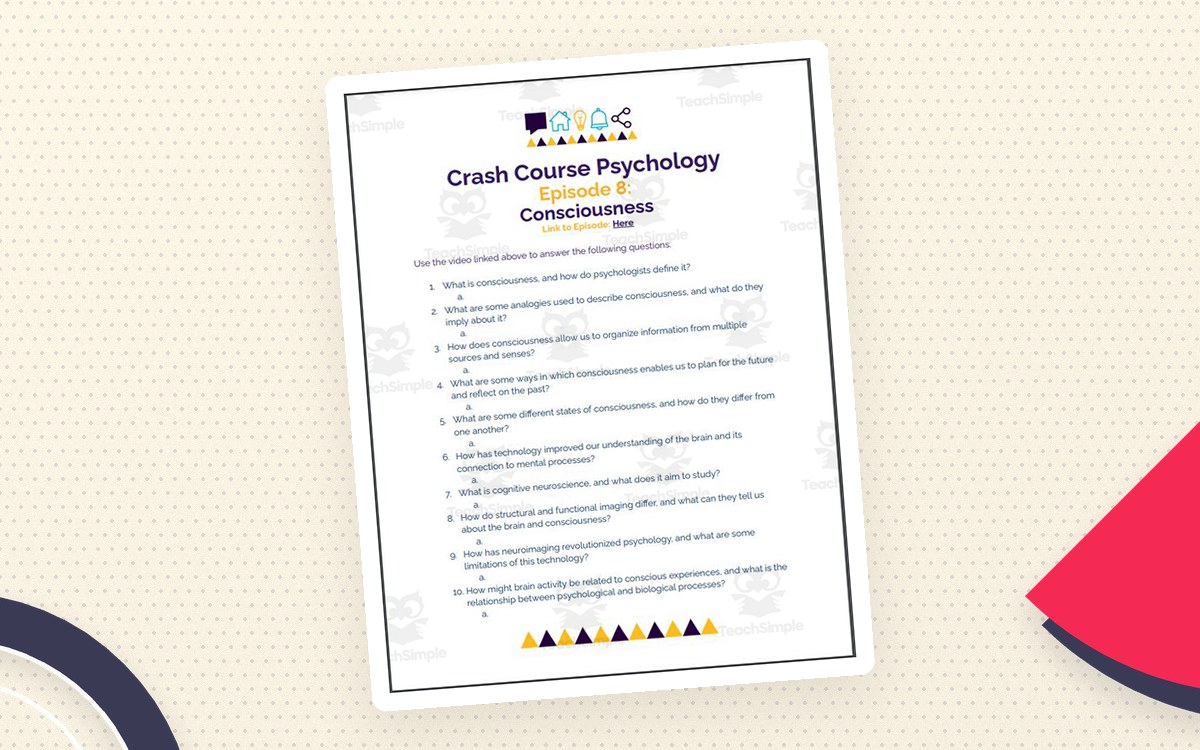 Crash Course Psychology Consciousness worksheet first page with numbered questions.